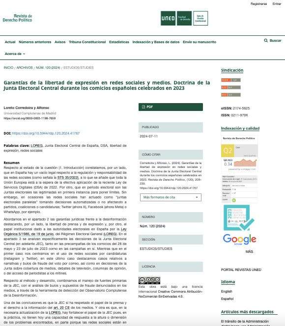 Garantías de la libertad de expresión en redes sociales y medios. Doctrina de la Junta Electoral Central durante los comicios españoles celebrados en 2023